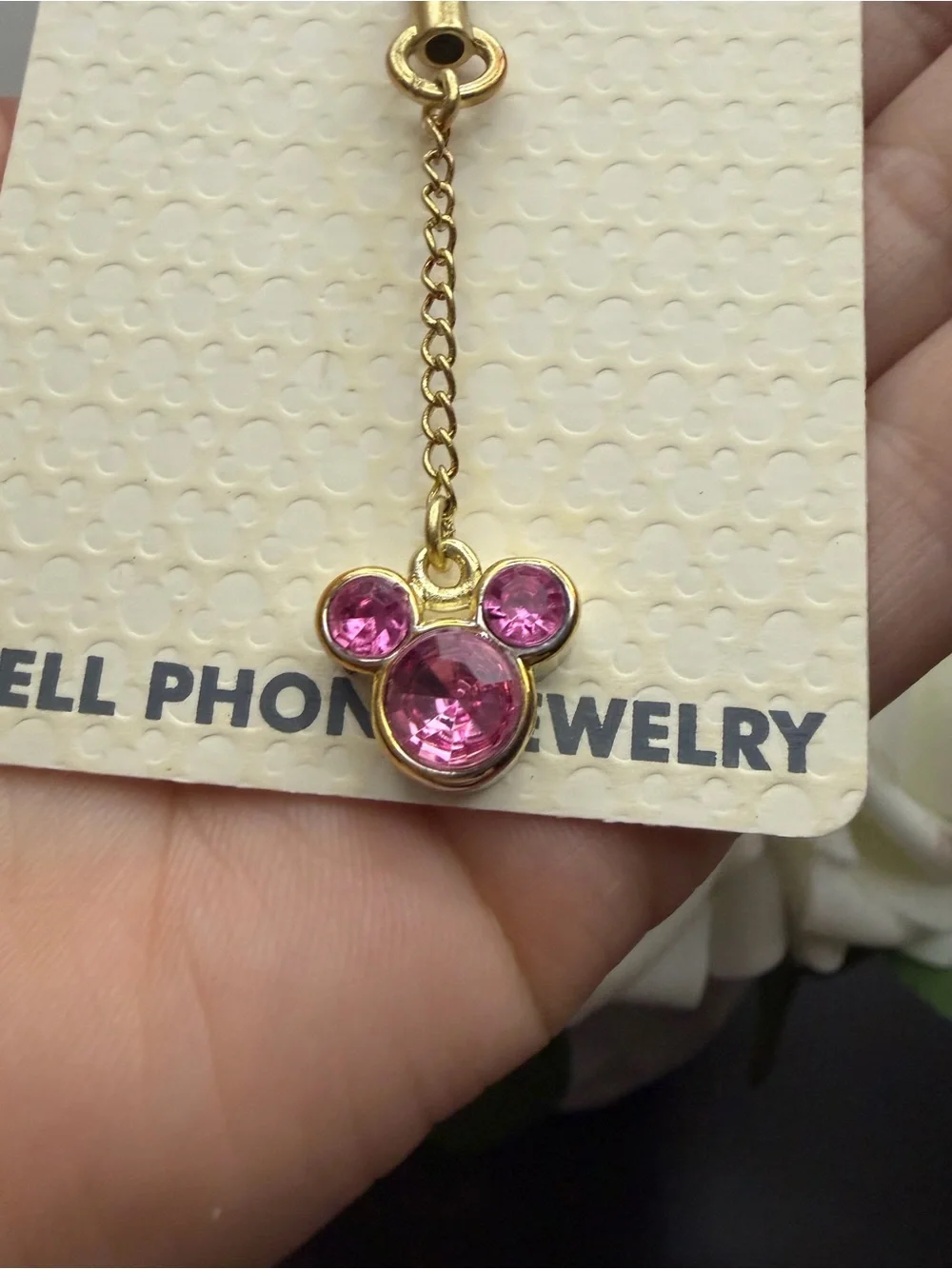 Gold Phone Charm with Pink Crystal Mickey-Style Pendant